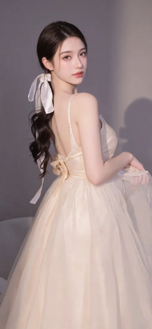 身着米色露背纱裙的长发美女回头望向镜头，发间系白色丝带，背景为浅灰色墙面。