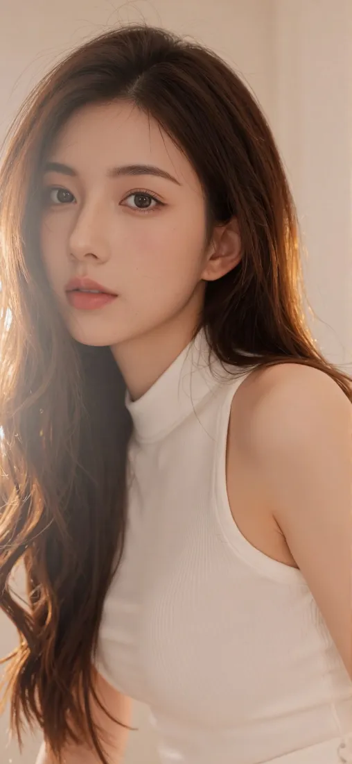 暖光下白衣长发年轻女性半身近景，背景柔和虚化