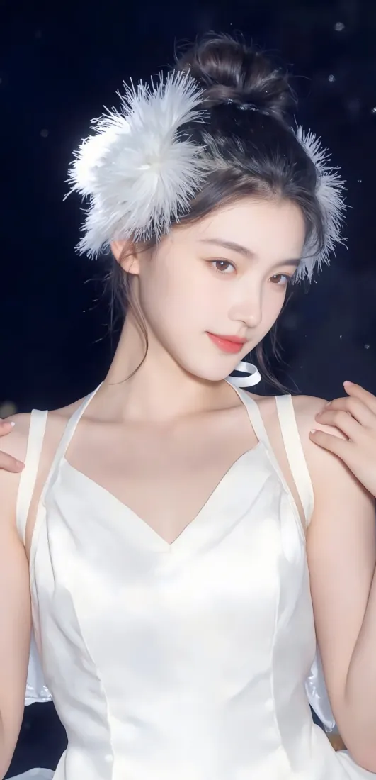 暗背景下，戴白色羽毛发饰、穿白色吊带礼服的年轻女性半身像。