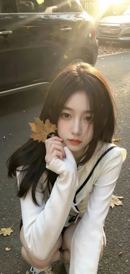 秋日街道上，长发白衣女生蹲在路边，手持枫叶，暖阳光晕洒落。