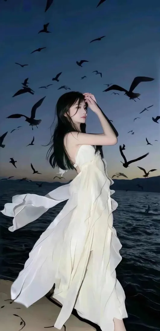 黄昏海边，白衣长裙女子立于岸畔，群鸟在暮色天空中飞翔。