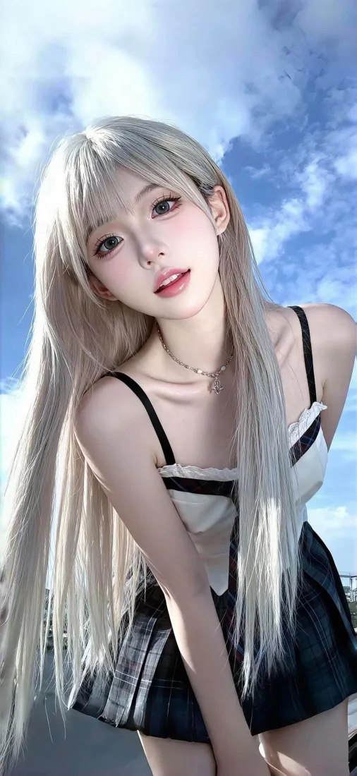 银白长发少女身着黑白吊带短裙，在蓝天白云背景下俯身看向镜头。