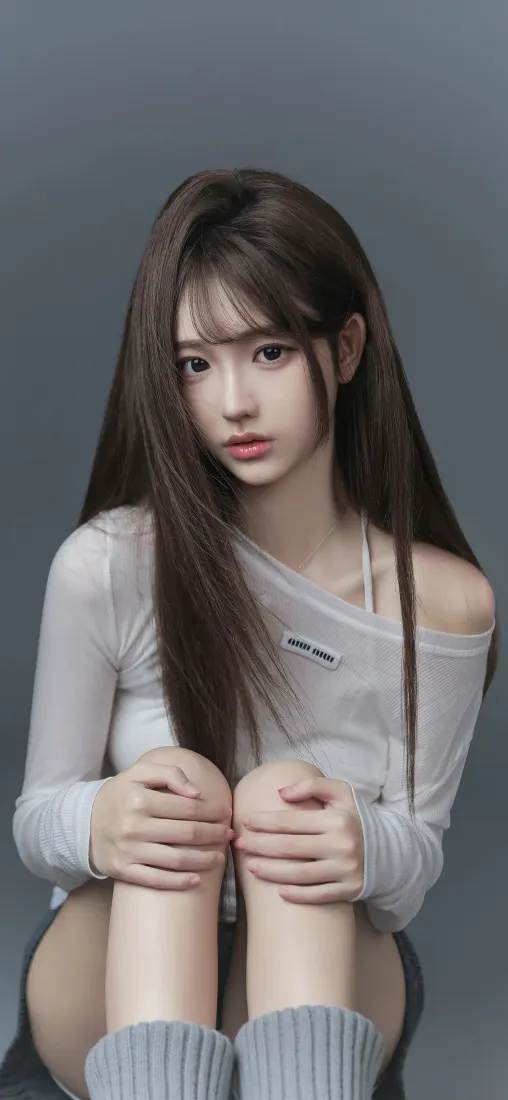 灰调背景下，长发少女着浅灰露肩上衣抱膝而坐，气质清冷柔和。