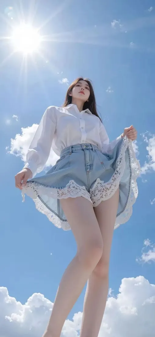 低角度仰拍，穿白衬衫配蕾丝边牛仔短裙的长发女生站在晴朗蓝天白云下。