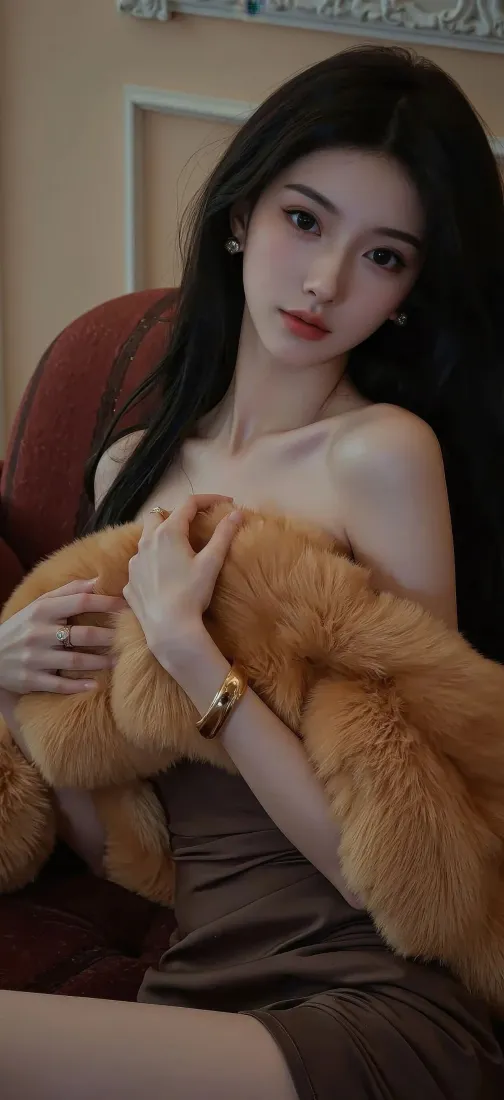 长发年轻女子坐于室内沙发，怀抱暖棕色毛绒披肩，佩戴手镯与戒指。