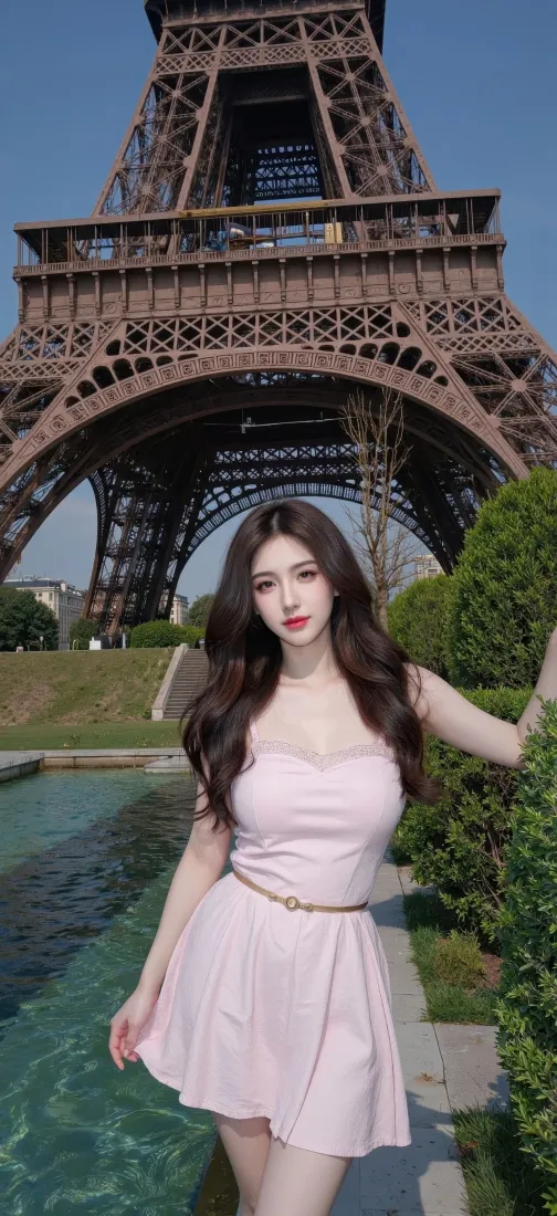 穿粉色抹胸短裙的长发美女站在埃菲尔铁塔下的水池旁，背景是晴朗蓝天。