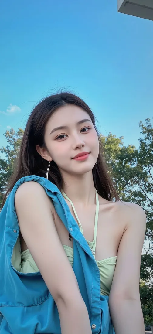 户外蓝天绿树背景下，长发年轻女性身着浅绿挂脖上衣、外搭蓝色无袖衣物自拍。