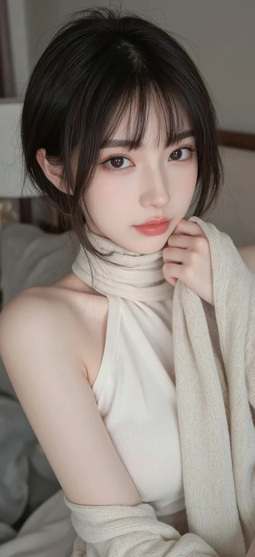 居家场景中身着米白挂脖服饰的年轻女性，手托脖颈看向镜头