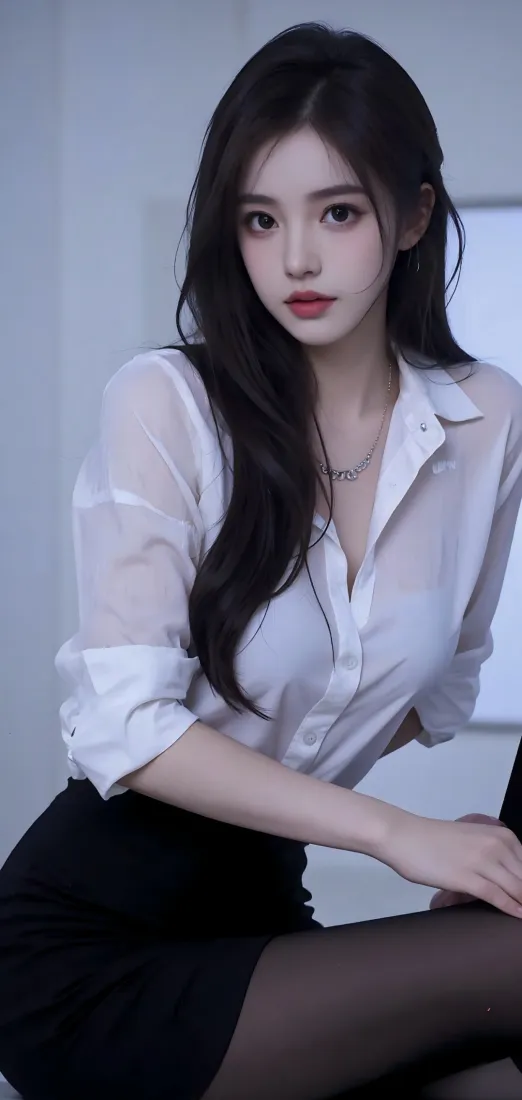 室内场景中，身着白衬衫黑短裙黑丝的长发红唇职业装女性半身写真