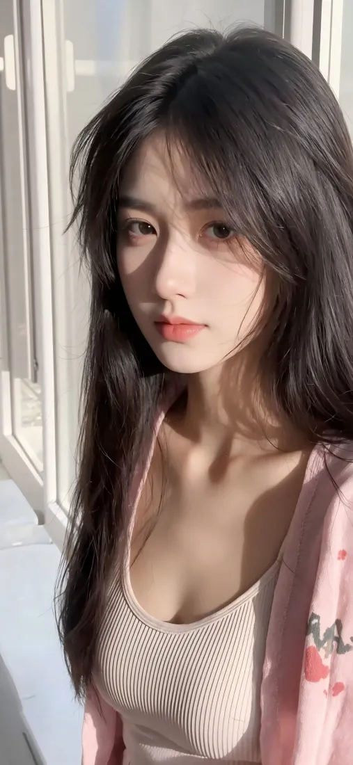 窗边自然光下，长发年轻女性身着粉色外套与浅米色针织内搭，神态柔和。