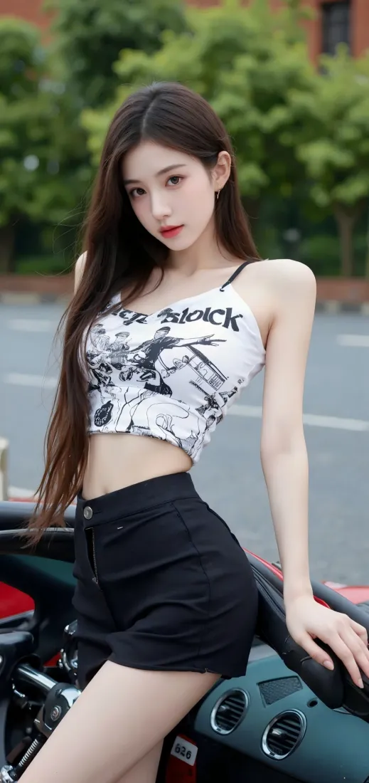 长发年轻女子倚靠在敞篷跑车上，身着印花吊带短上衣与黑色短裤，背景为户外街道绿树。