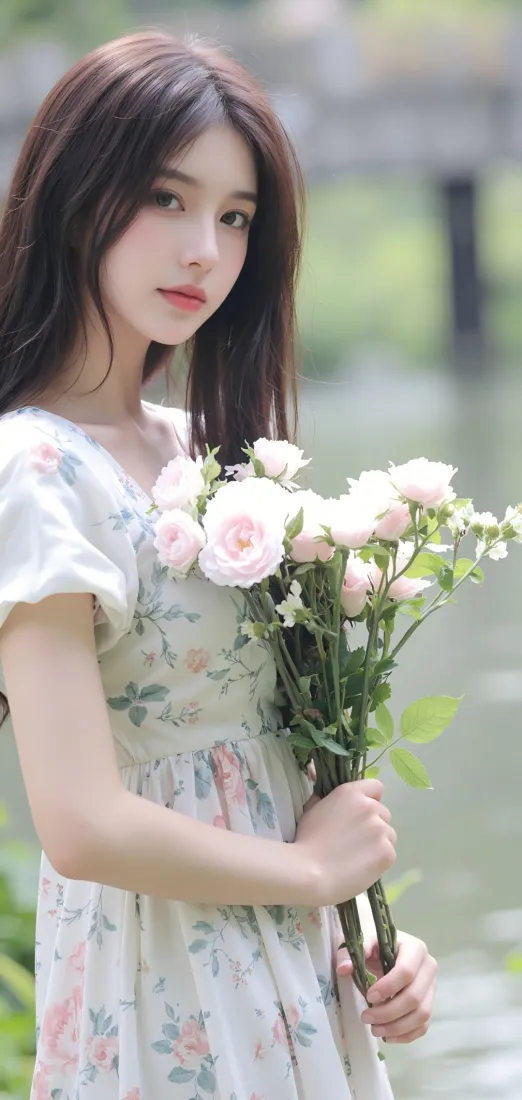 户外水边，穿碎花连衣裙的长发女子手持粉玫瑰花束，背景虚化清新。