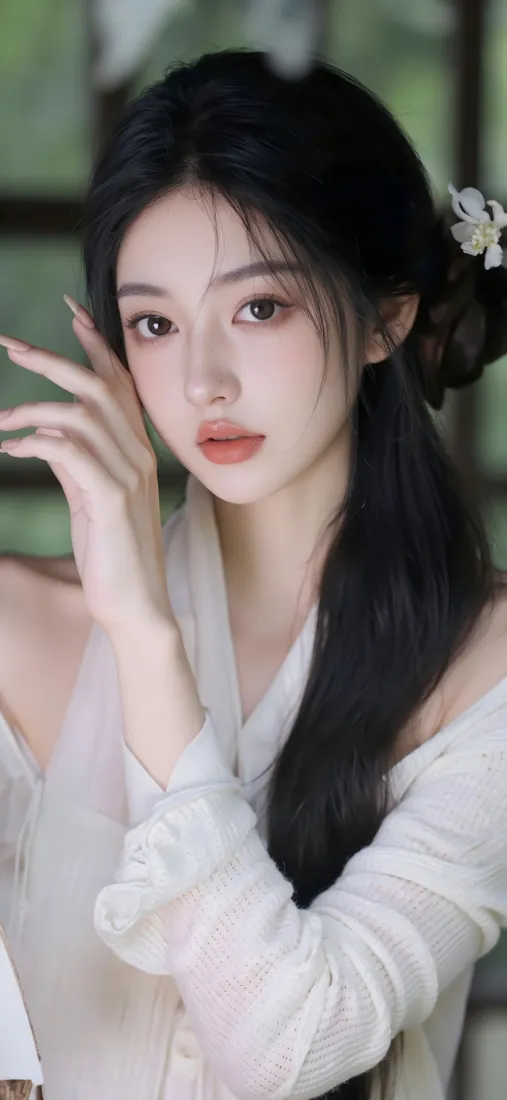 白衣古风长发女子，发间点缀白花，抬手轻靠脸颊，背景为虚化的绿意窗景。