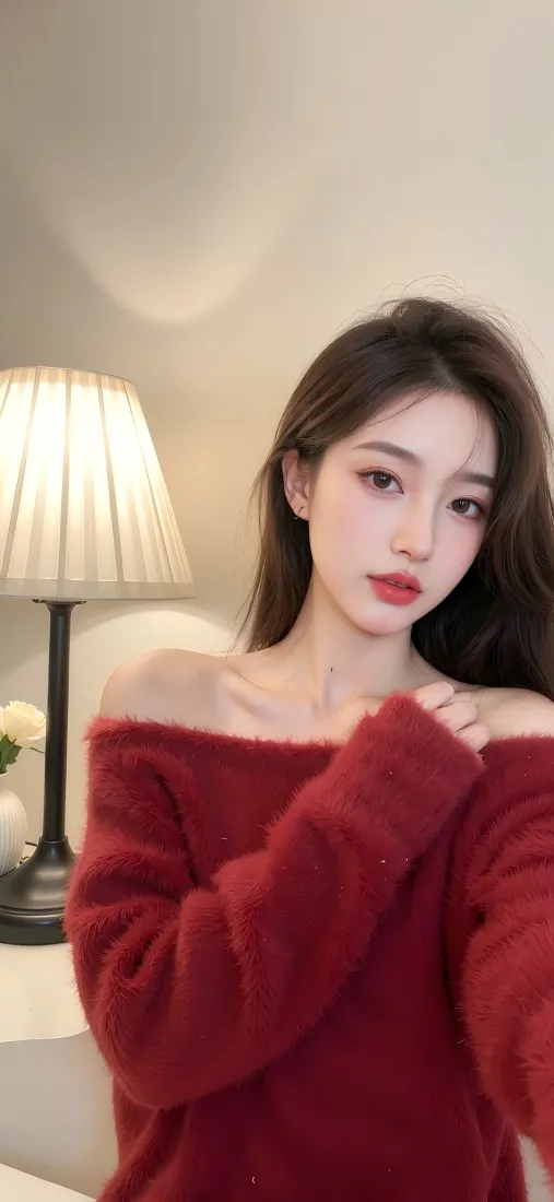 室内暖光下，穿红色露肩毛衣的长发红唇年轻女性自拍，旁侧有台灯与花瓶