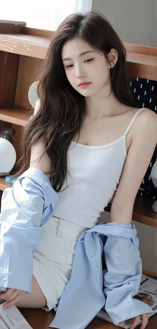 长发年轻女子穿白色吊带，搭浅蓝色衬衫，坐于室内木质置物架前。
