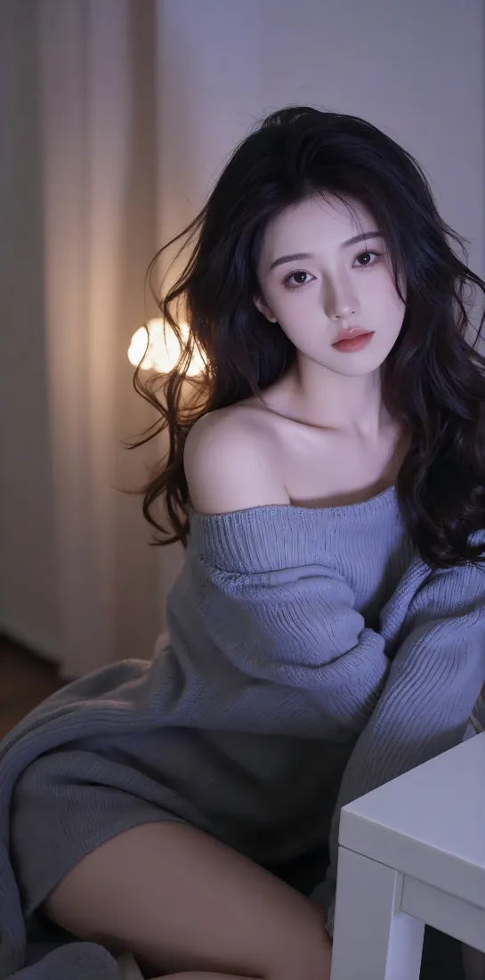 室内暖光下，穿灰色露肩毛衣的卷发女性半身写真