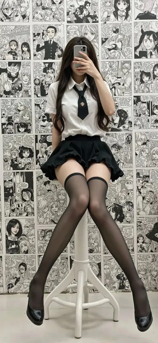 长发女生穿JK制服黑丝坐白色高脚凳，手机遮脸对镜自拍，背景为黑白漫画墙