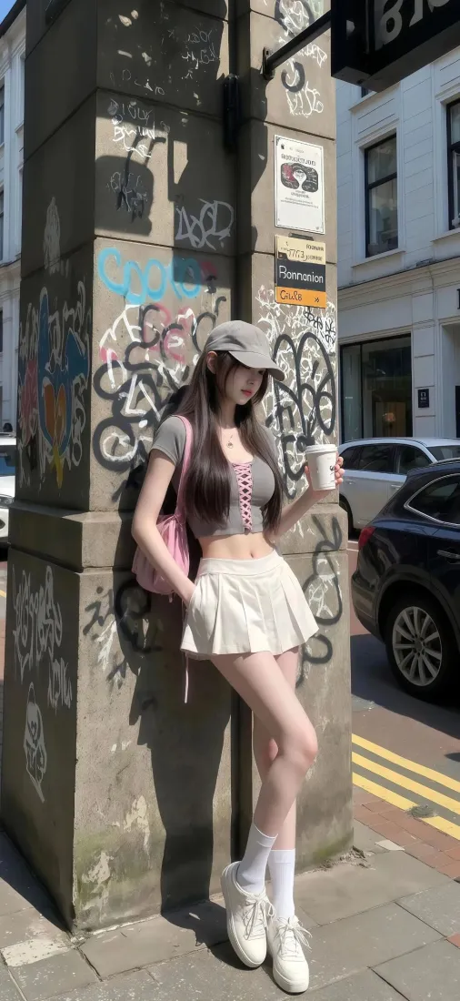 戴灰帽的年轻女子靠在涂鸦立柱旁，手持咖啡杯，街头时尚穿搭。