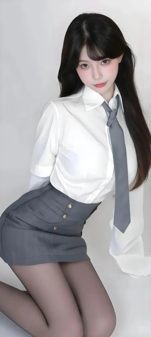 黑长直长发女生穿白衬衫灰领带灰短裙黑丝，跪姿于纯白背景前