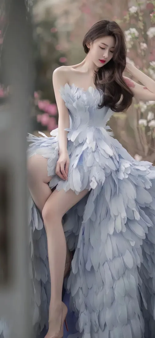 身着浅蓝色羽毛抹胸拖尾礼服的女子，置身朦胧花林背景中。