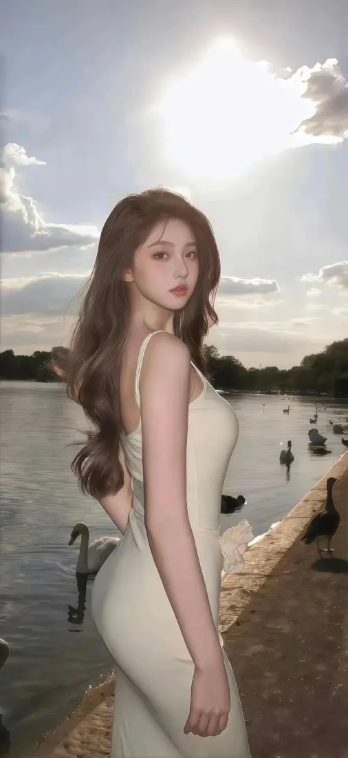 白衣长发女子立于湖畔，湖面有天鹅，远处树林与晴日天空。