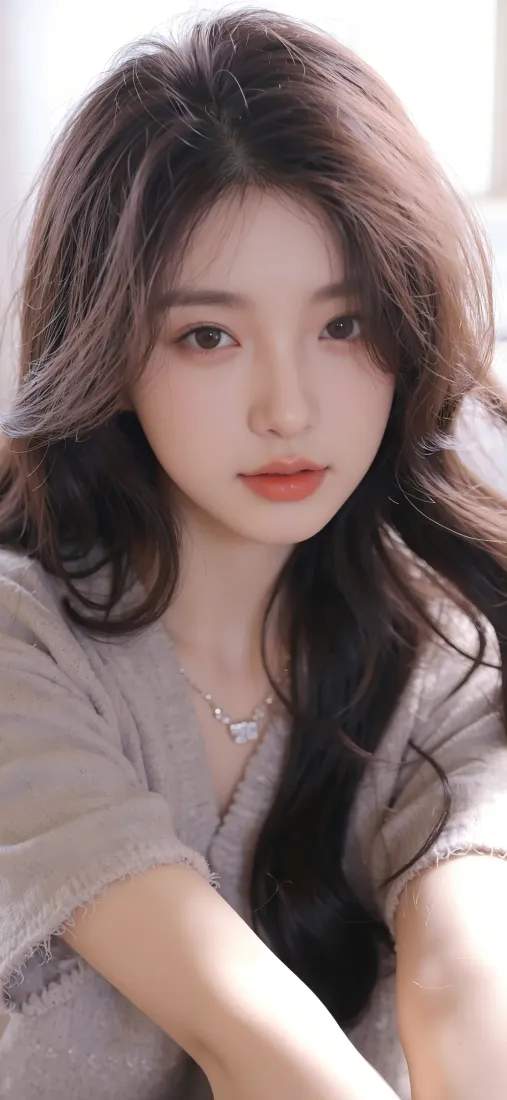 长发年轻女性近景，浅灰上衣配细项链，柔光浅白背景，气质温柔。