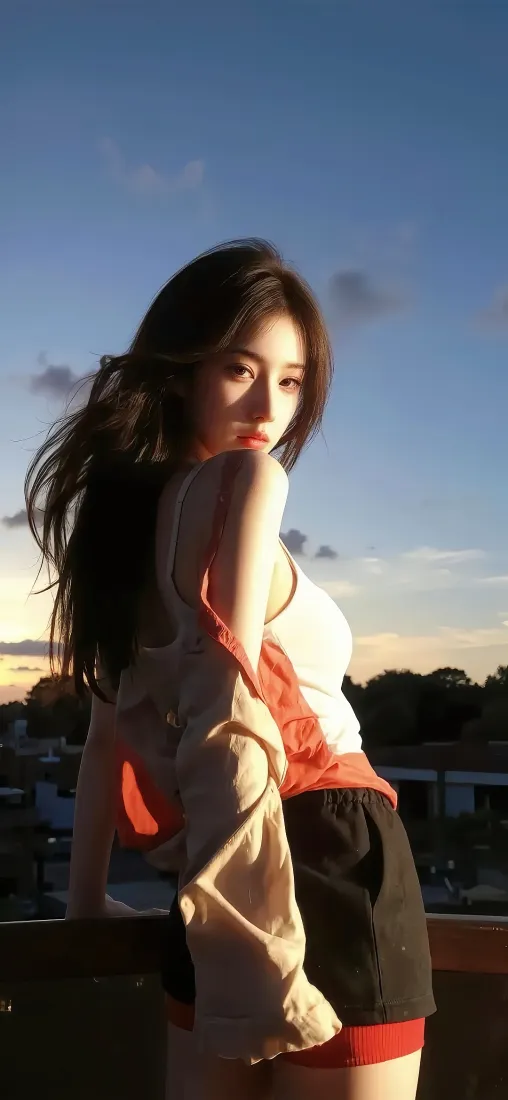黄昏天台，长发女子回眸望向镜头，暖光勾勒发丝与身形，背景是渐变蓝天与远处树影。