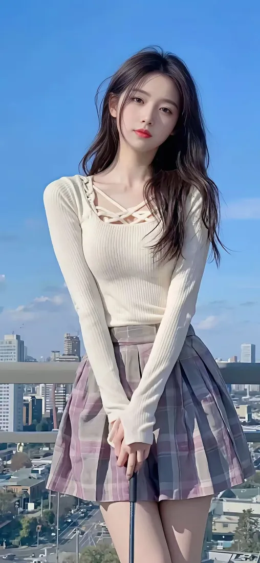 天台之上，长发年轻女子身着米白修身上衣与粉灰格纹百褶裙，背景为蓝天与城市天际线。