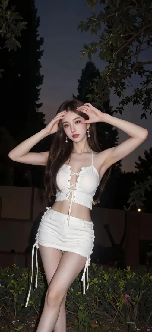 夜晚户外，身着白色绑带露腰套装的长发年轻女子站在绿植前摆拍。