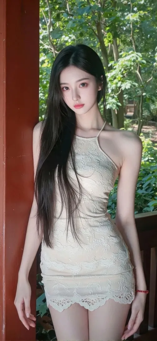 户外绿植旁，长发女子身着米白蕾丝挂脖短裙站立，左侧有红棕色立柱。