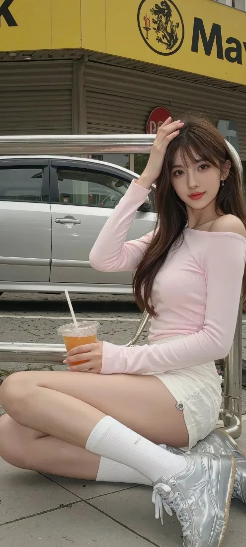 穿粉色露肩上衣的长发女生坐于街边，手持橙色饮品，身后停有银色轿车。