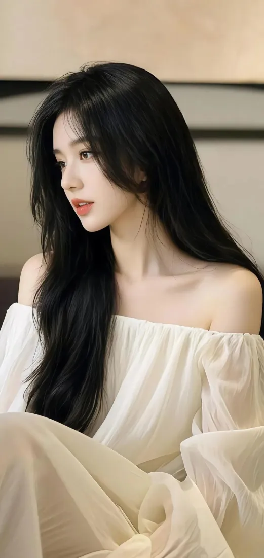 长发白衣露肩美女侧颜半身像，背景柔和虚化，气质优雅。