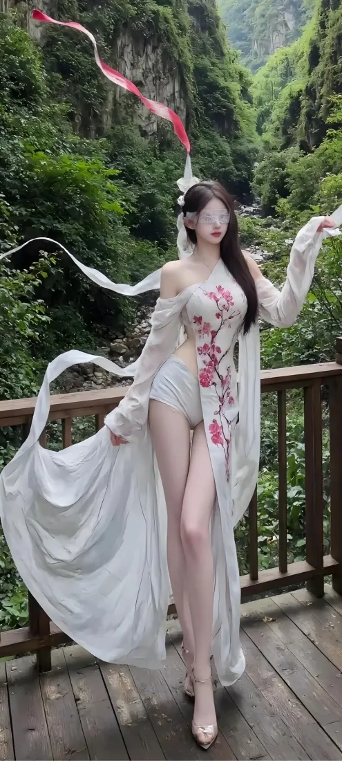白衣古风女子立于山间木质栈道，飘带飞扬，背景为葱郁山林。