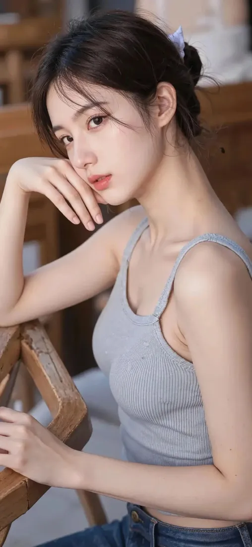 室内场景中，穿灰色吊带背心的年轻女子手肘搭在木椅上，手托脸颊看向镜头。