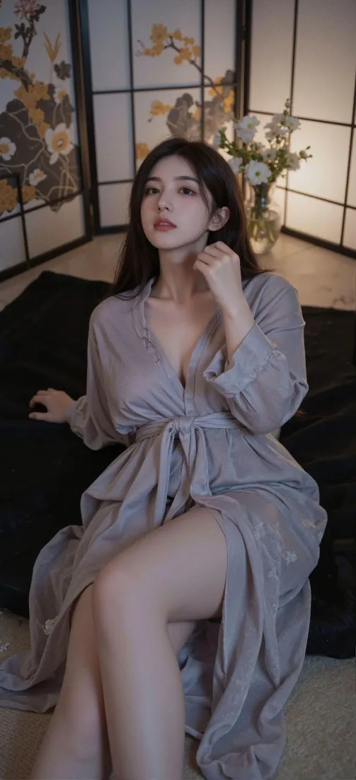 长发女子身着灰色系带长裙，在日式格扇背景前坐姿优雅。