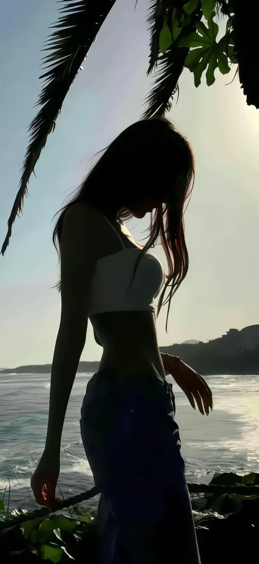 日落海滩边女性侧身剪影，棕榈叶点缀，海面远山背景