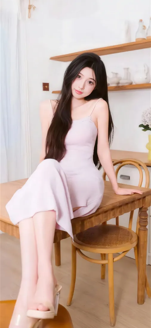 长发年轻女子身着浅粉色吊带长裙，坐于室内木质桌沿，脚踩浅色高跟鞋。