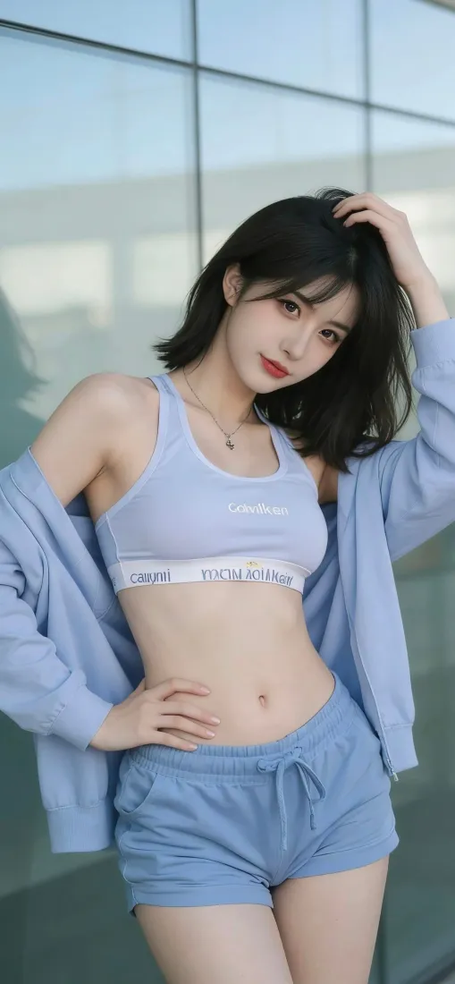 短发年轻女性身着浅蓝运动内衣、外套与短裤，站在玻璃幕墙前摆拍