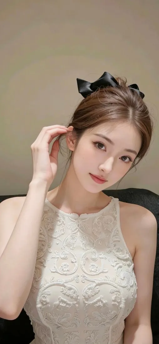 室内年轻女性，头戴黑色蝴蝶结，身着白色蕾丝无袖裙，手轻触耳侧。