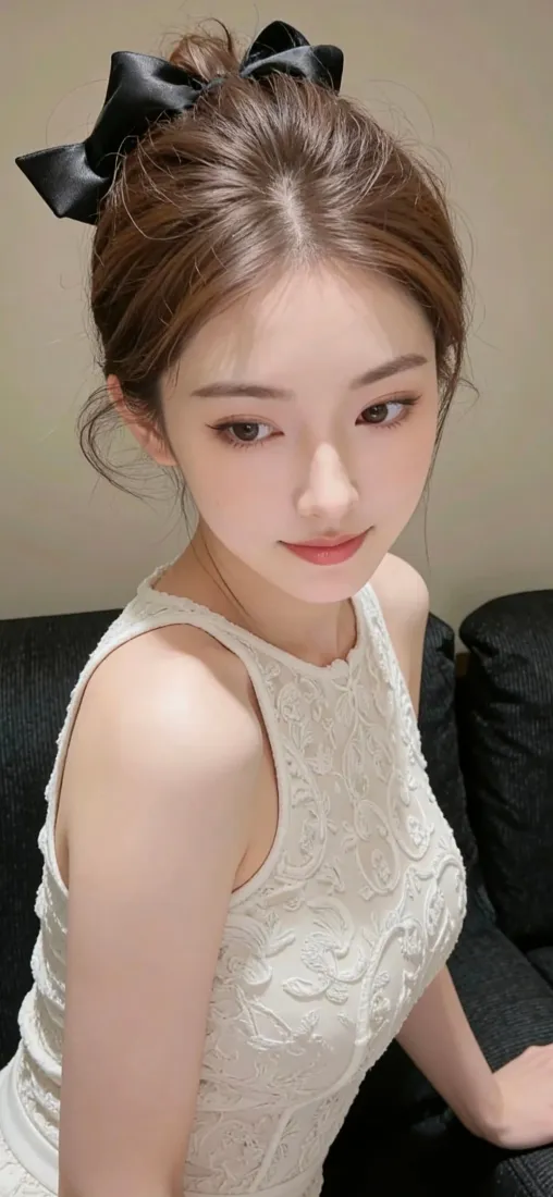 盘发佩戴黑色蝴蝶结、身着白色无袖连衣裙的年轻女子坐在黑色沙发上，背景为素色墙面。