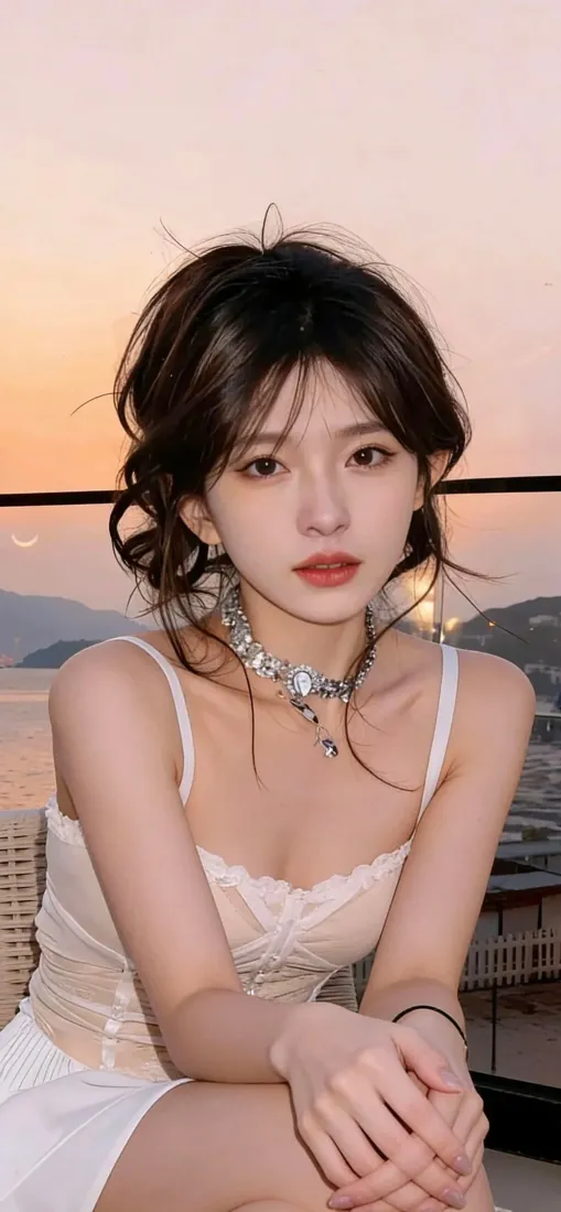 黄昏露台，穿白色吊带裙的年轻女子佩戴镶钻项链，背景是粉橙渐变天空与远山