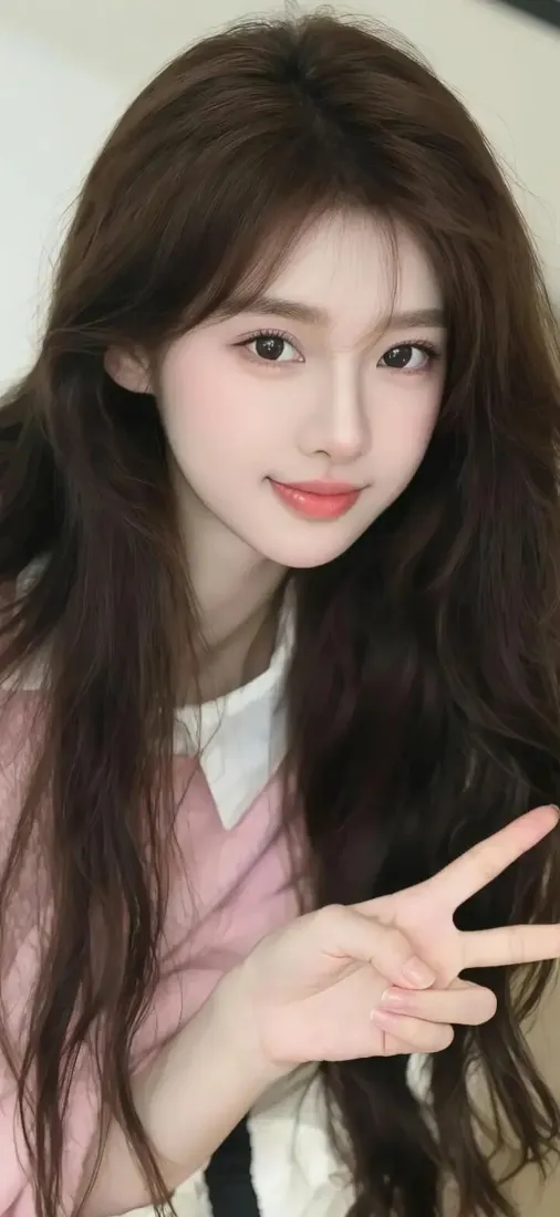 长发年轻女生穿粉色带白领上衣，对着镜头比耶微笑。