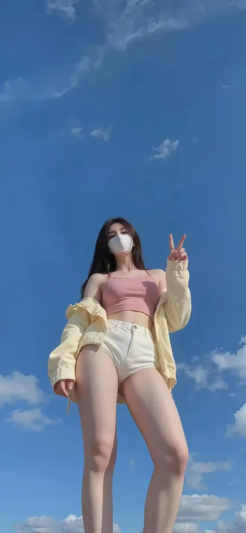 仰拍戴白色口罩的长发女生，穿粉色短上衣、黄色外套与白色短裤，在蓝天背景下比耶。