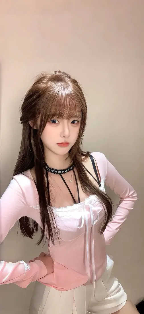 长发年轻女性身着粉色上衣与白色短裤，双手叉腰靠墙站立。