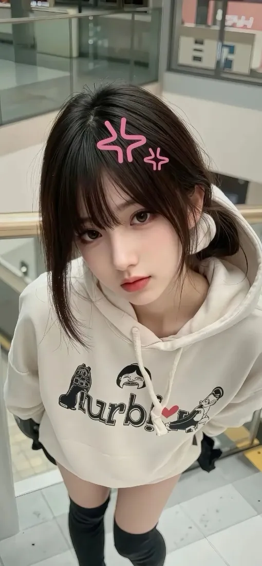 室内楼梯间，穿米白连帽衫黑长袜的年轻女生，戴粉色星星发夹俯身看向镜头