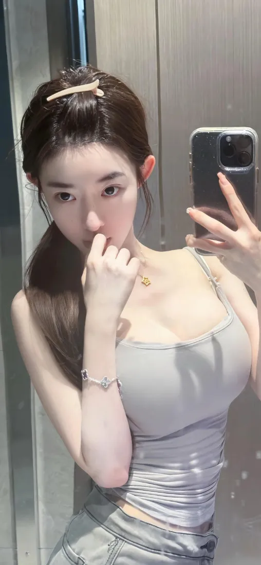 年轻女生穿灰色吊带对镜自拍，手持手机，发夹束发，佩戴项链手链。