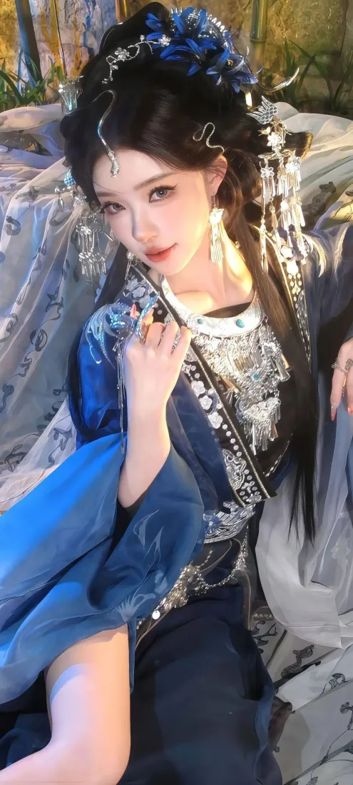 身着蓝银刺绣汉服的女子，佩戴蓝色发饰与银质流苏发簪，侧身回望镜头。