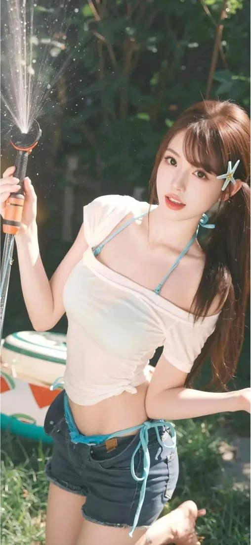 户外绿植背景下，白衣牛仔短裤少女手持洒水喷头喷水，夏日清新写真。