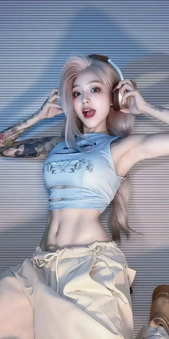 粉发纹身女生戴耳机，穿蓝短上衣米色裤，靠条纹卷帘墙摆拍