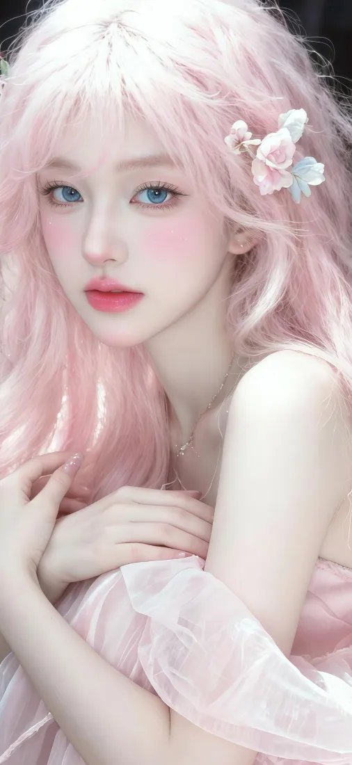 粉发蓝眼少女，发间点缀粉蓝小花饰，身着浅粉纱质服饰，氛围梦幻柔美。
